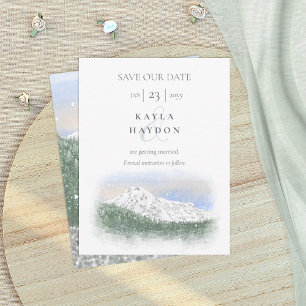 Mt Rainier, Falling Snow Wedding Save the Date Invitation