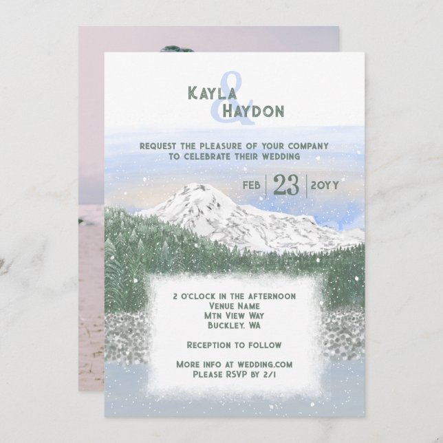 Mt. Rainier, Falling Snow Winter Wedding Invitation (Front/Back)