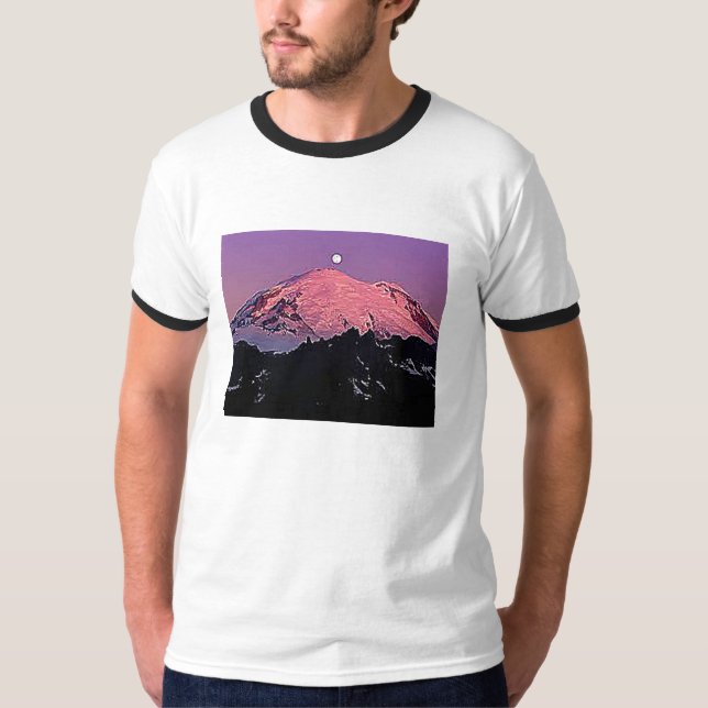 Mt Rainier Moon Night Snow Winter Sky T-Shirt (Front)