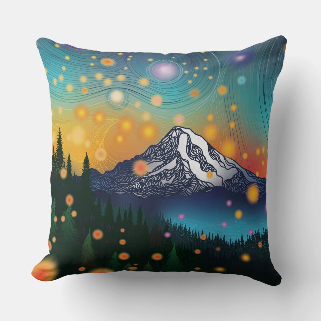 Mt. Rainier w Evening Starry Sky and Fireflies Cushion (Front)