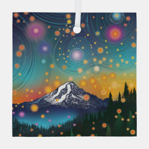 Mt. Rainier w Evening Starry Sky and Fireflies Glass Tree Decoration