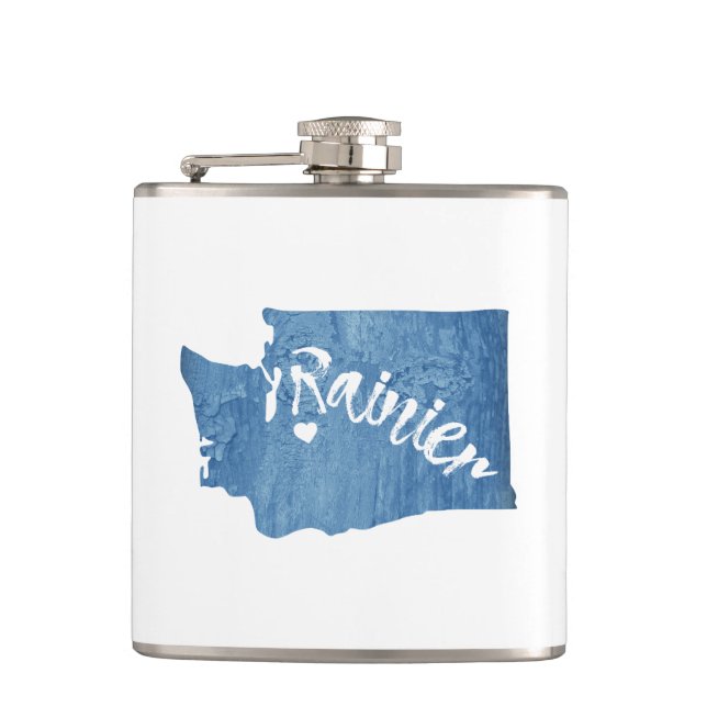 Mt. Rainier Washington Wood Grain Hip Flask (Front)