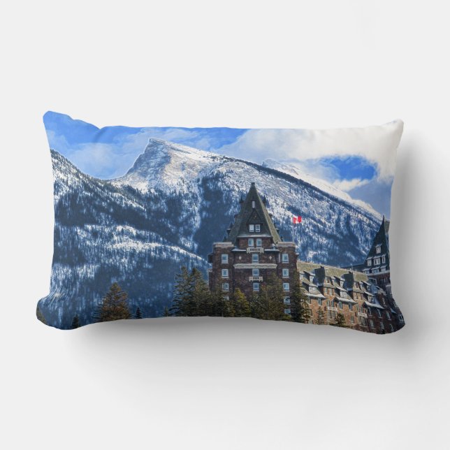 Mt Rundle and Famous Hotel, Banff, Alta, Canada Lumbar Cushion (Front)