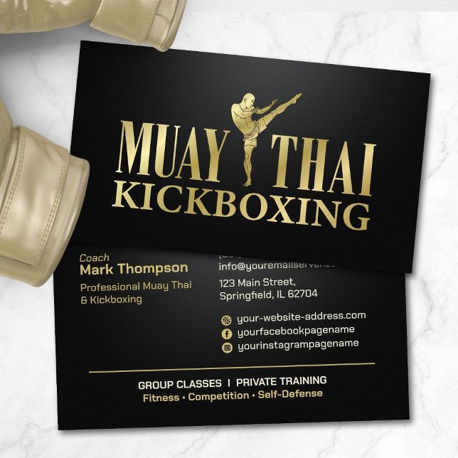 Muay Thai and Kickboxing Coach - Black and Gold Business Card (Creator Uploaded)