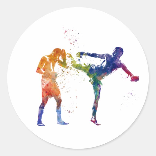 Muay thai in watercolor classic round sticker (Front)