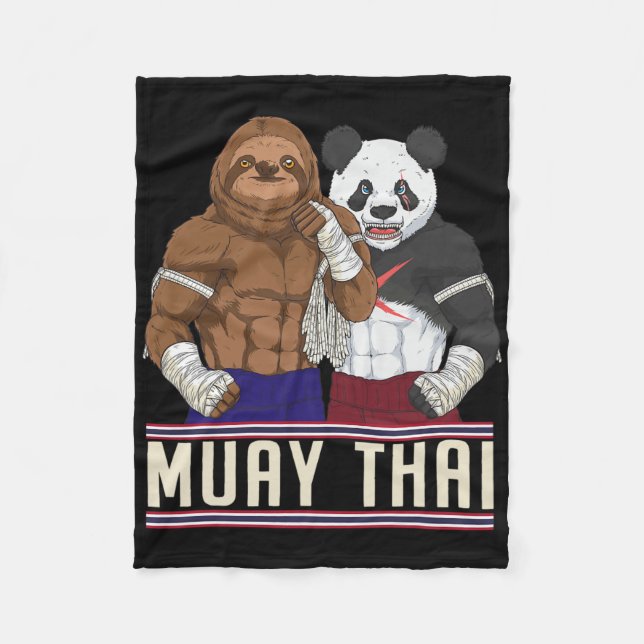 Muay Thai Sloth Panda Kickboxing Fighter  Fleece Blanket (Front)