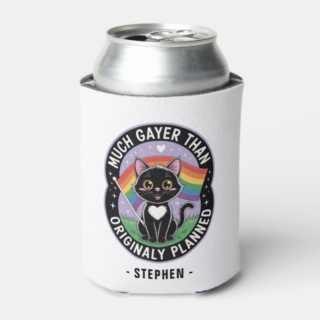 Much Gayer – Funny Cute Black Cat LGBTQ Pride Can Cooler (Can Front)