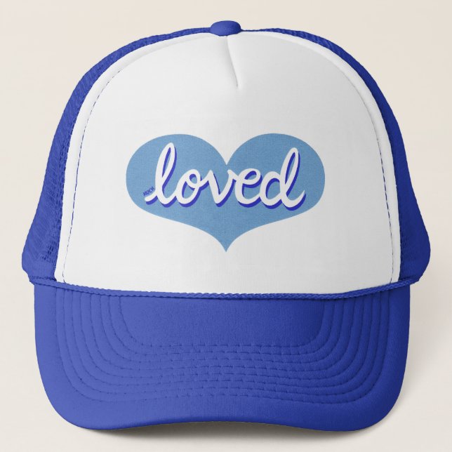 MUCH LOVED - Adored - Blue love heart Trucker Hat (Front)