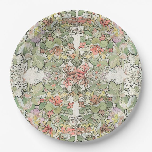 Mucha Art Nouveau Hollyhock Flowers Paper Plates (Front)