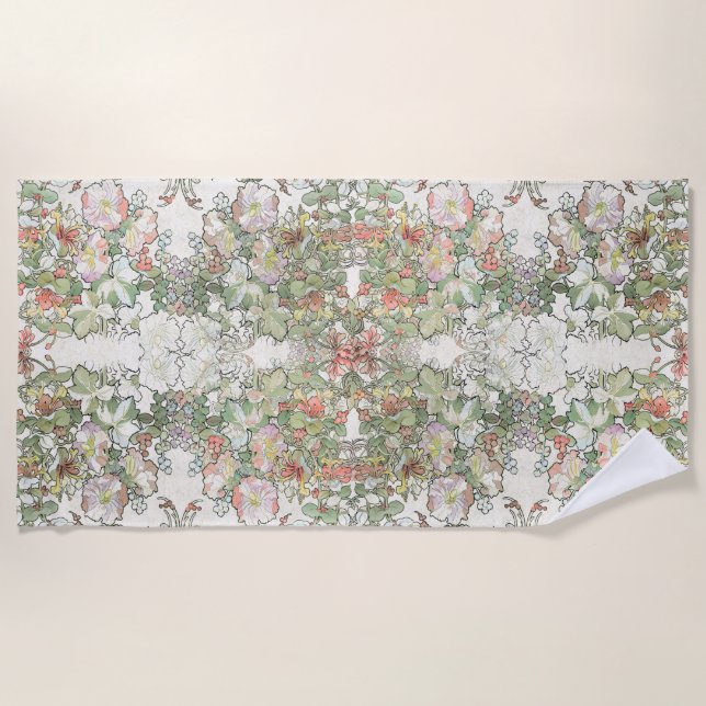 Mucha Art Nouveau Honeysuckle Hollyhock Floral Beach Towel (Front)
