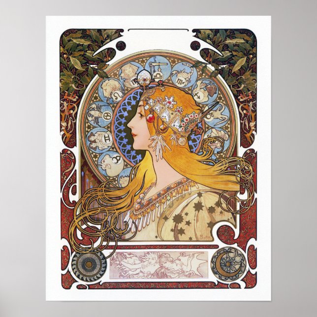 Mucha Art Nouveau Poster -  Zodiac  - La Plume (Front)
