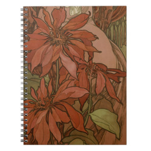 Mucha Art Nouveau Red Poinsettia Floral Pattern Notebook