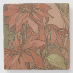 Mucha Art Nouveau Red Poinsettia Floral Pattern Stone Coaster