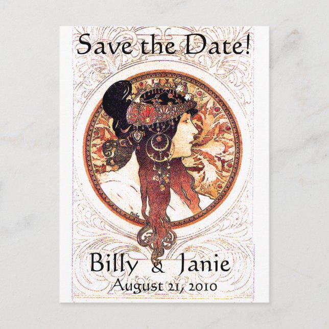 Mucha Art Nouveau Save the Date Postcard (Front)
