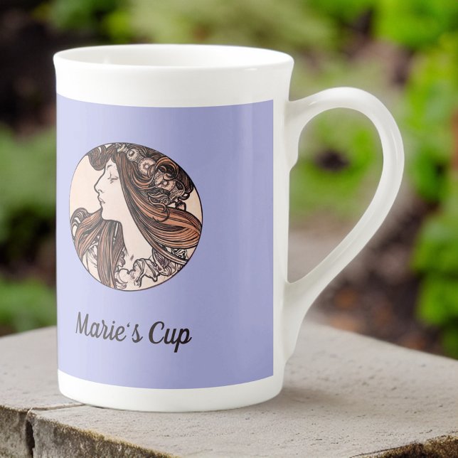 Mucha Art Nouveau Woman and Pink Flowers on Purple Bone China Mug (Creator Uploaded)