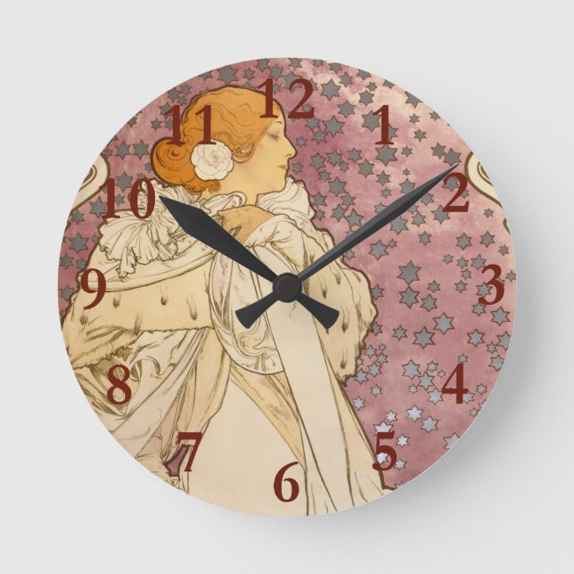 Mucha Art Nouveau Woman Beauty Round Clock (Front)