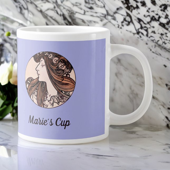 Mucha Art Nouveau Woman Pink Flowers on Purple Large Coffee Mug (Creator Uploaded)