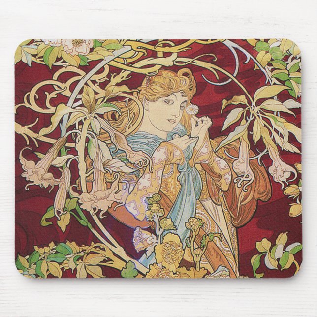 Mucha Art Nouveau: Woman With Daisy Mouse Pad (Front)
