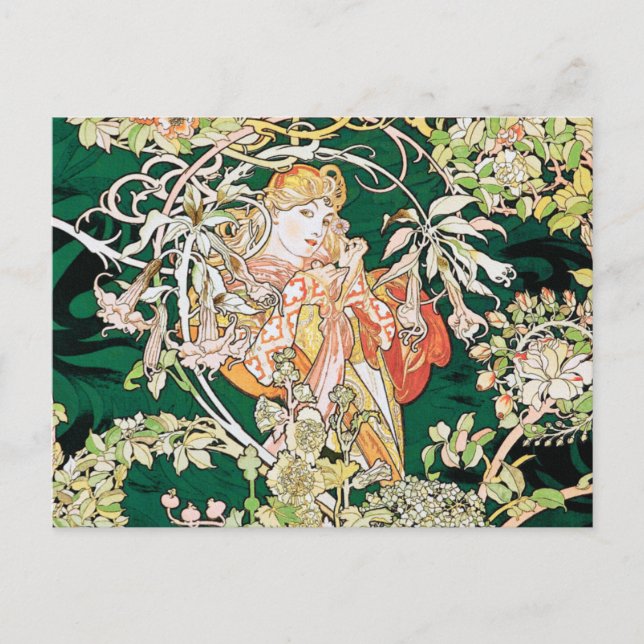 Mucha Art Nouveau: Woman With Daisy Postcard (Front)