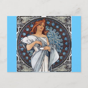 Mucha art white dress woman spoon cup postcard