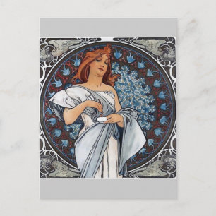 Mucha art white dress woman spoon cup postcard