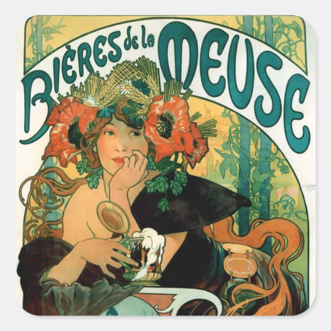 Mucha:  Bieres de la Meuse (Beers of the Muse) Square Sticker (Front)