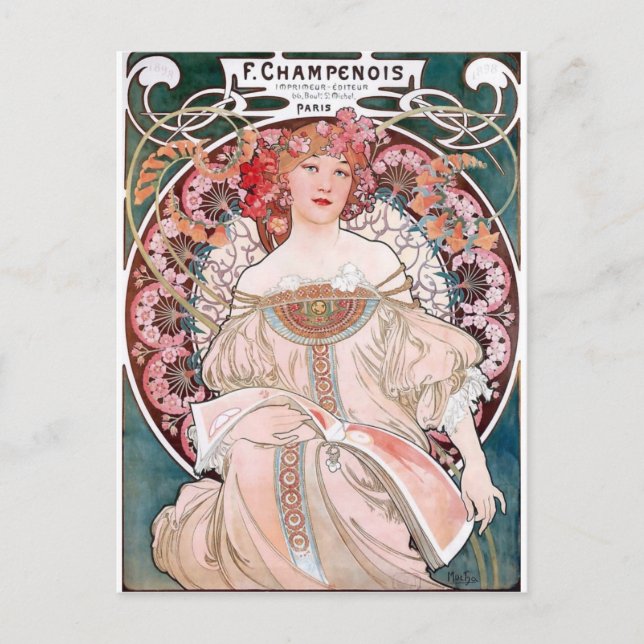 Mucha Champenois paris pink dress lady art deco Postcard (Front)