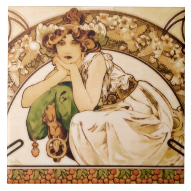 Mucha Cherry Blossoms and Cherries Tile (Front)