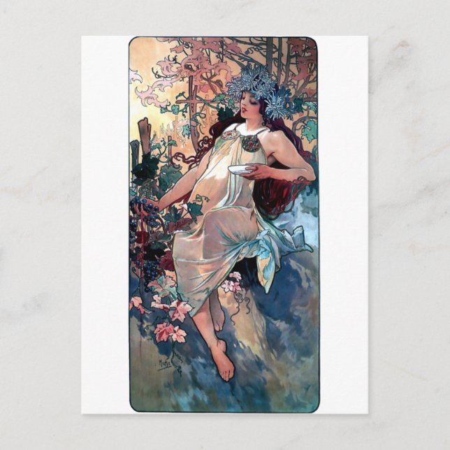 mucha fall autumn art nouveau poster postcard (Front)