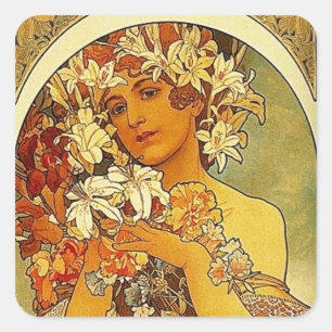 Mucha flowers square sticker