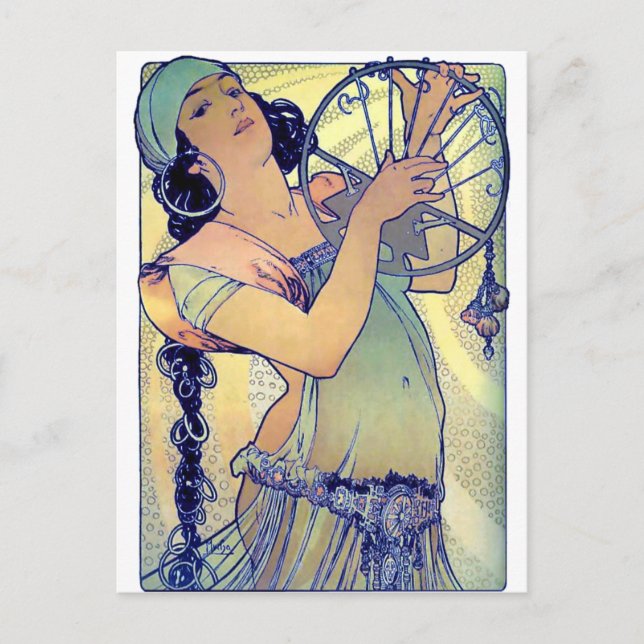 mucha gypsy tambourine dance music woman postcard (Front)