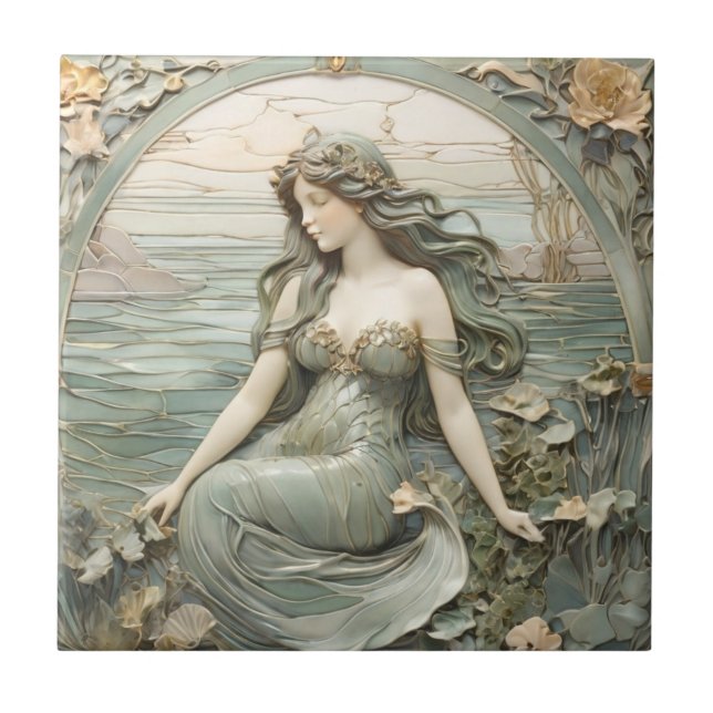 Mucha inspo Mermaid Art Nouveau Faux Relief L Mint Tile (Front)