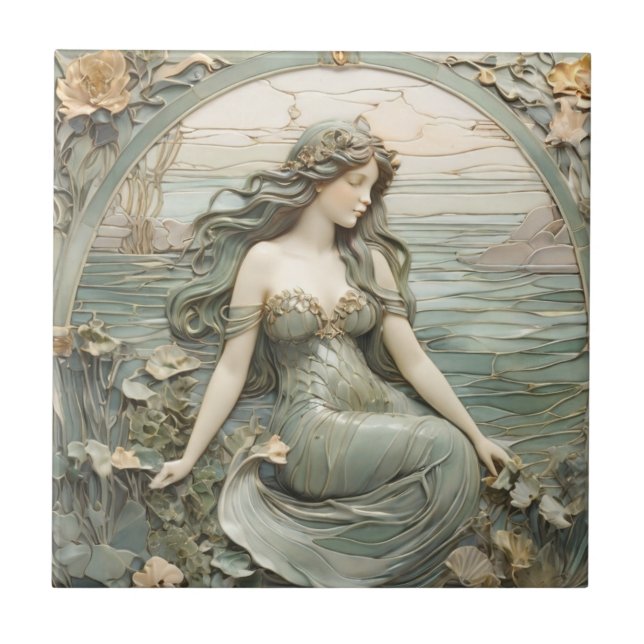 Mucha inspo Mermaid Art Nouveau Faux Relief R Mint Tile (Front)