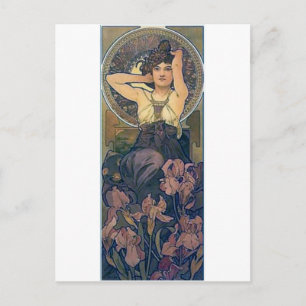 Mucha iris flowers woman art deco postcard
