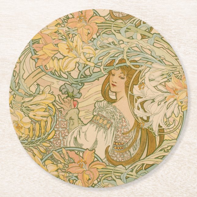 Mucha Lilies Art  Nouveau Language of Flowers Round Paper Coaster (Front)