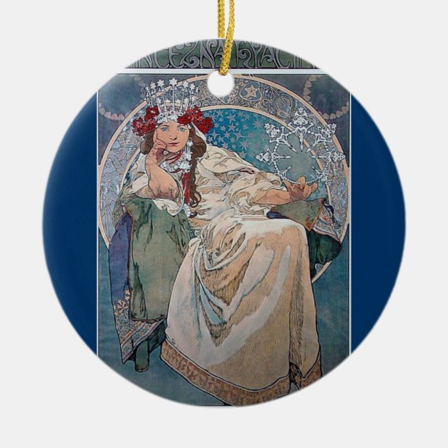 Mucha princess winter snowflake pink dress lady ceramic tree decoration (Front)