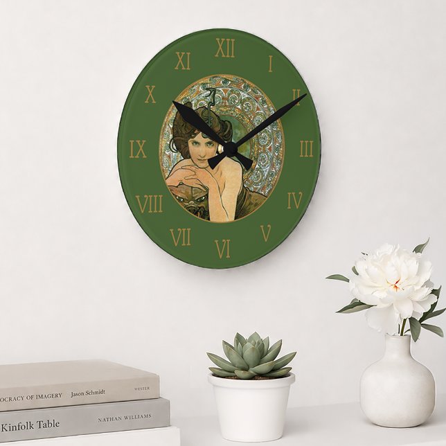 Mucha Vintage Green Emerald Temptress Elegant Round Clock (Creator Uploaded)