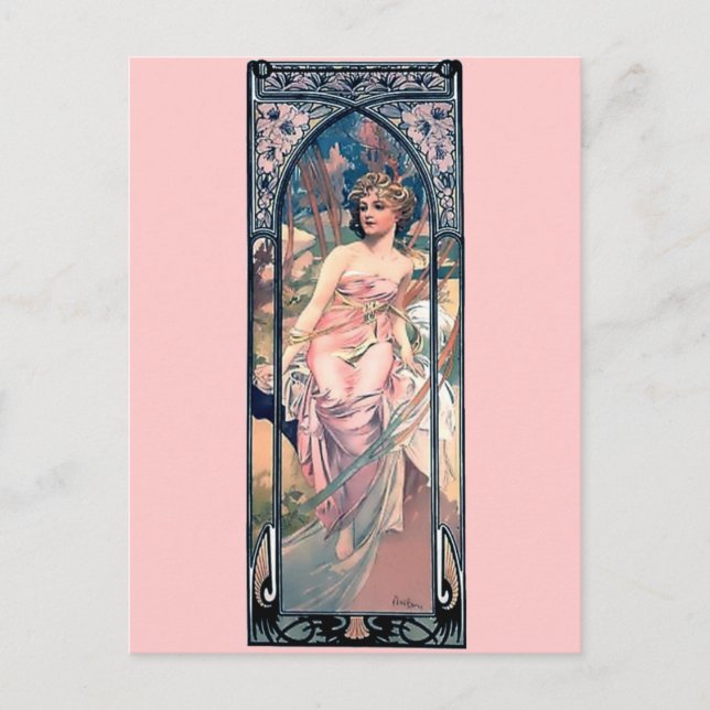 Mucha woman pink romantic dress art deco lady postcard (Front)