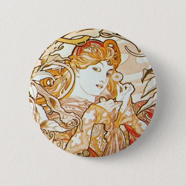 Mucha Woman With a Daisy Art Nouveau Button (Front)