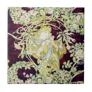 Mucha Woman with Daisy, Vintage Art Nouveau Tile