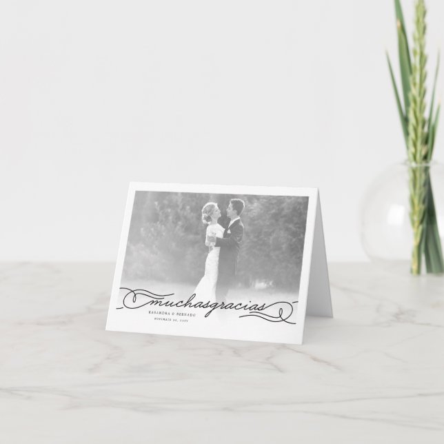 Muchas Gracias Chic Script Photo Wedding Thank You Note Card (Front)