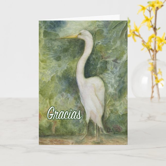 Muchas Gracias Thank you Spanish card Egret Bird (Yellow Flower)