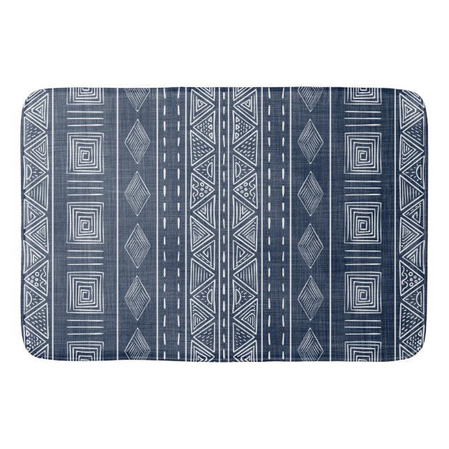 Mudcloth Style Navy Blue and White Tribal Pattern Bath Mat (Front)