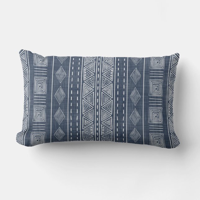 Mudcloth Style Navy Blue and White Tribal Pattern Lumbar Cushion (Front)