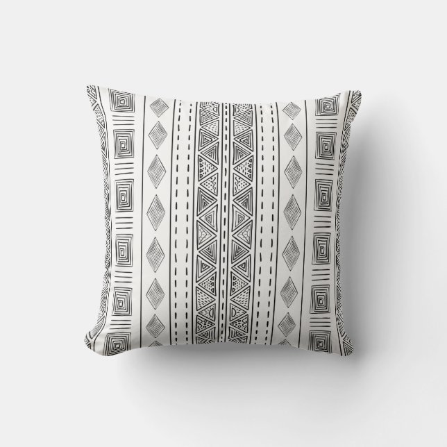 Mudcloth Tribal Pattern White and Black Cushion (Front)