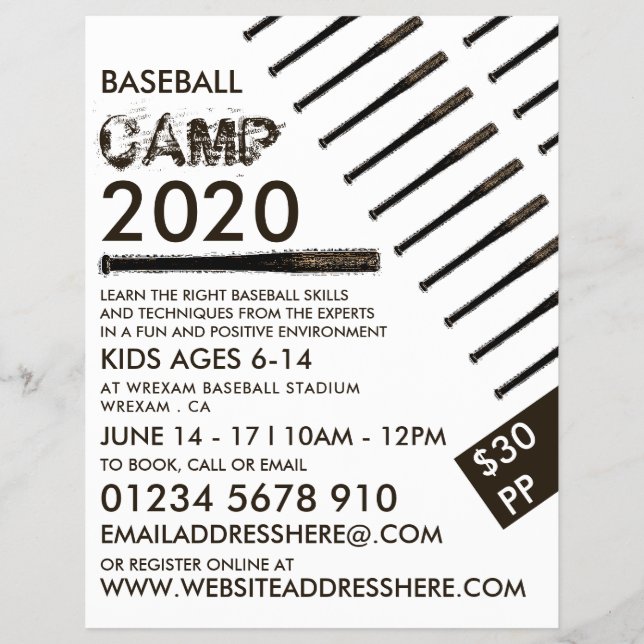 Muddy Baseball Bat, Baseball Camp Advertising Flyer (Front)