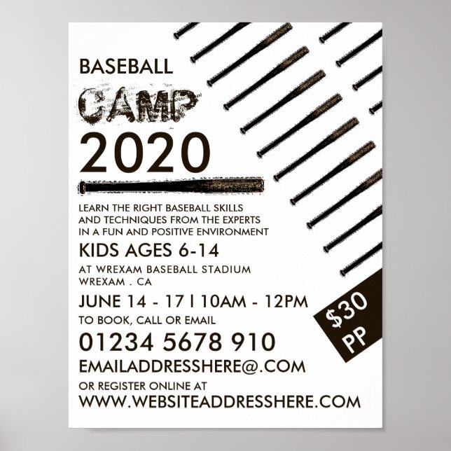 Muddy Baseball Bat, Baseball Camp Advertising Poster (Front)