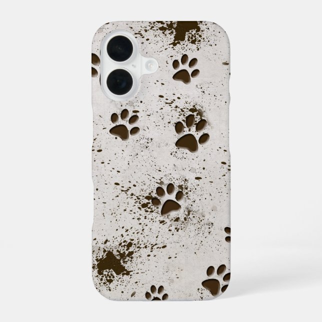 Muddy Dog Paws Prints iPhone 16 Case (Back)