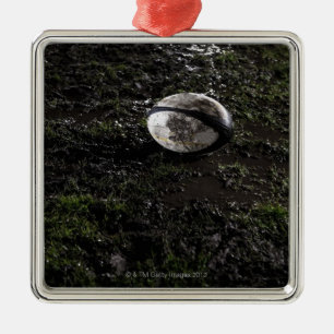 Muddy rugby ball sitting on a chewed up grass metal tree decoration