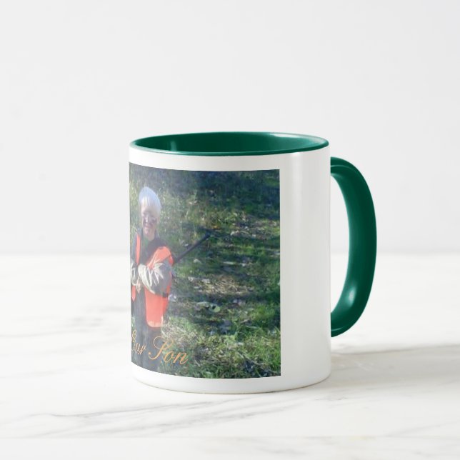 Mug, 11 oz, combo, designer photo, green trim mug (Front Right)